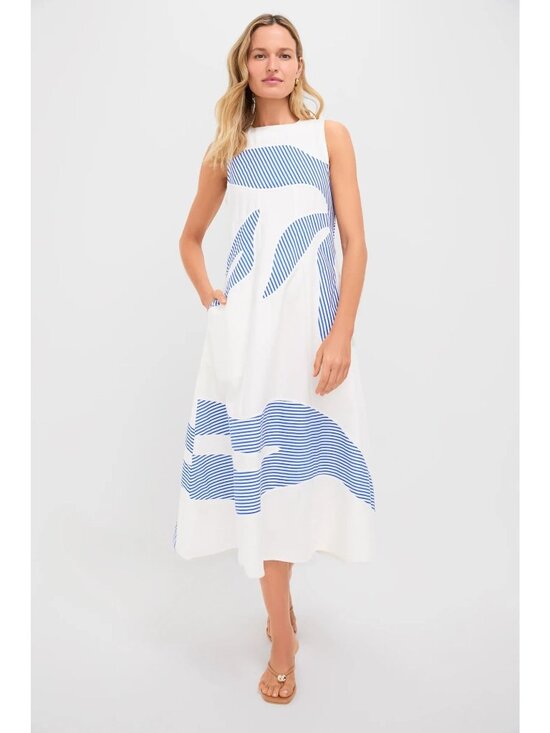 Love Birds Dresses & Skirts - LOVE BIRDS Striped Plantscape Dress Ivory Linear Cobalt Blue Size Large NWT